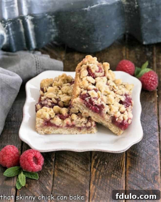 Two perfectly baked Raspberry Oatmeal Bars, stacked on a pristine white dessert plate, highlighting their delightful layers and golden-brown streusel topping.