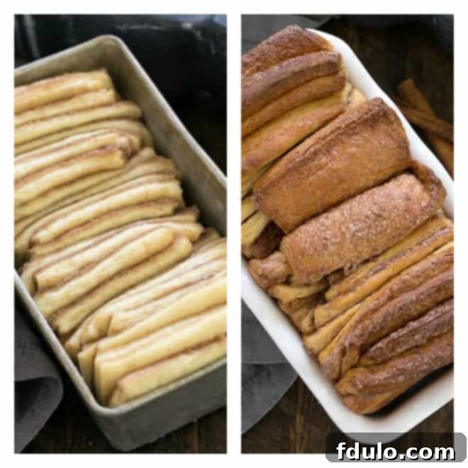 A collage showing Cinnamon Pull Apart Bread dough neatly stacked in a loaf pan before baking, and the golden-brown, baked bread on a cooling rack after baking.