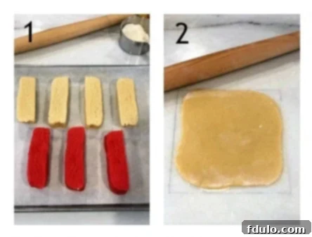 Holiday Pinwheels process shots numbered 1,2, illustrating the cutting and initial rolling of the dough.