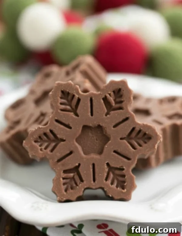 Delicate Festive Fudge Snowflakes artfully arranged on a pristine white plate, showcasing their festive appeal.