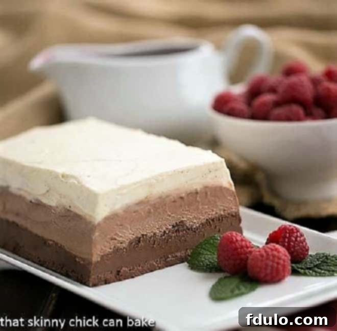 Triple Chocolate Terrine on a white platter with raspberries and mint