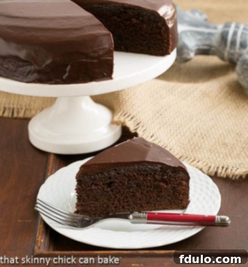 One Layer Fudge Cake with a rich chocolate ganache topping on a white dessert plate, ready to be enjoyed.