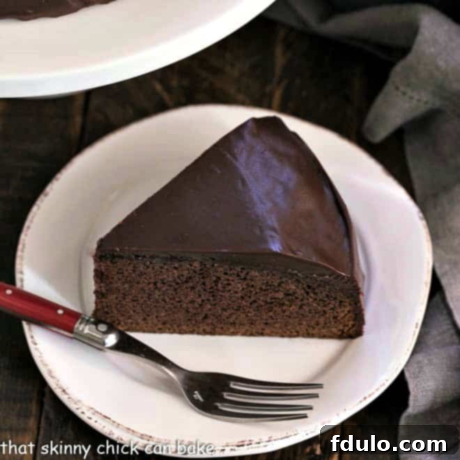 One Layer Chocolate Cake Recipe slice on a white plate