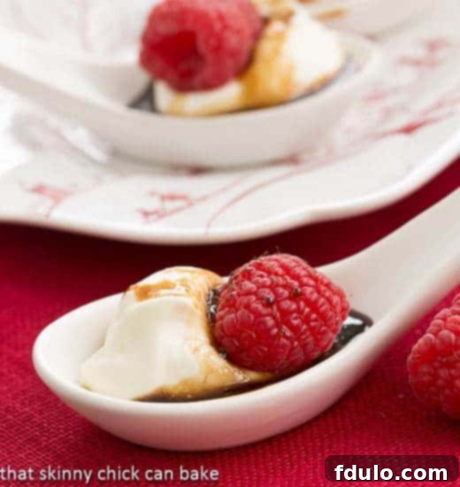 Elegant Balsamic Raspberries with Mascarpone Cream served in white soup spoons
