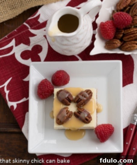 Overhead close-up view of multiple Caramel Pecan Cheesecake Bars on a square white plate, artfully garnished with fresh raspberries, showcasing the beautiful layers and rich toppings.
