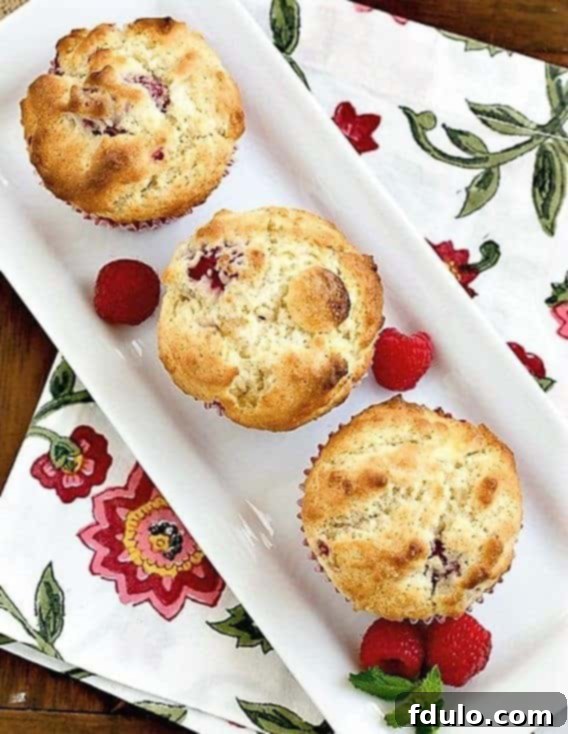 Spectacular Raspberry White Chocolate Muffins - sweet, tender and full of fresh berries and white chocolate Overhead view of 3 Raspberry White Chocolate Muffins on a rectangular tray with fresh raspberries and a sprig of mint, showcasing their beautiful texture.