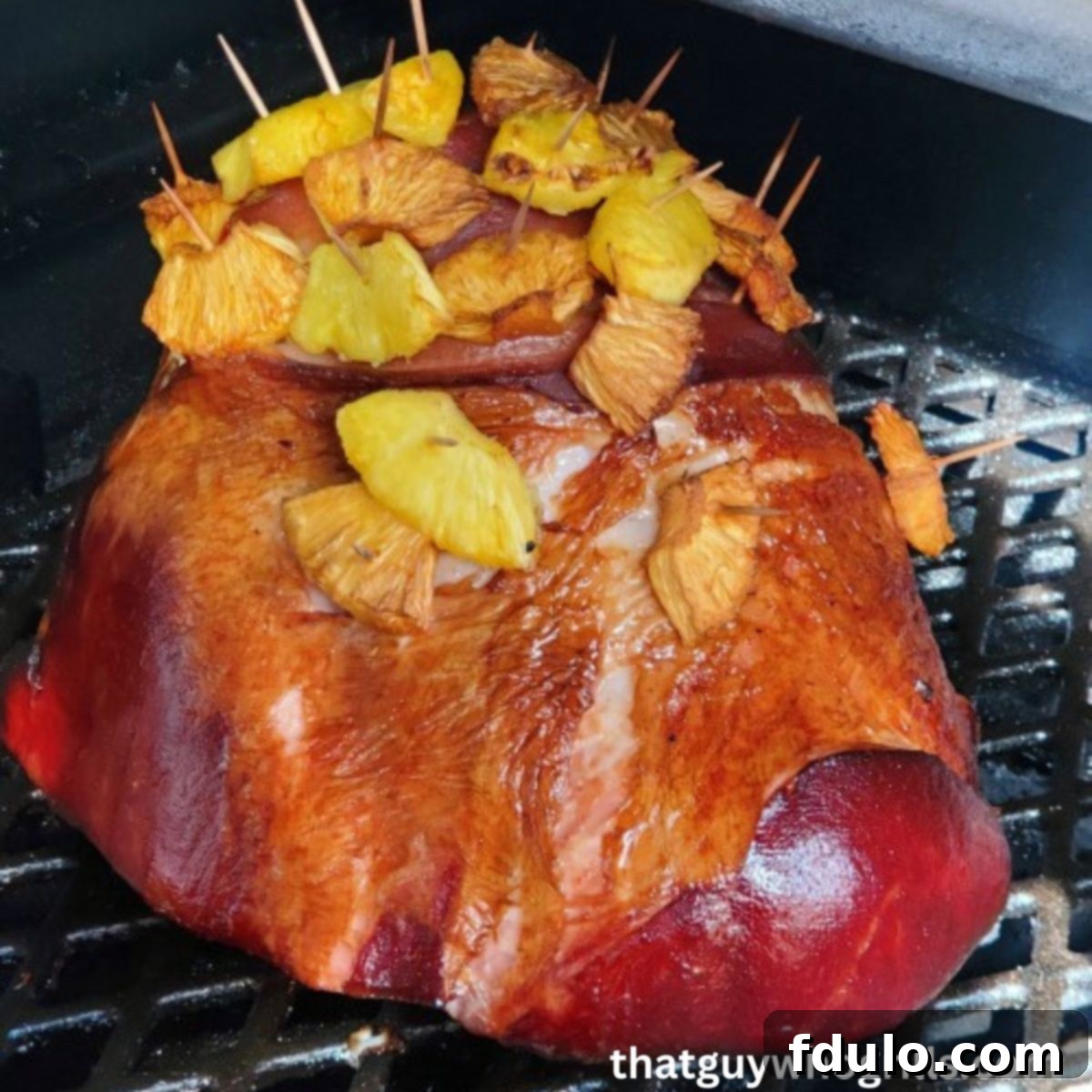 Ham Smoking on a Pit Boss grill with pineapple stuck on it