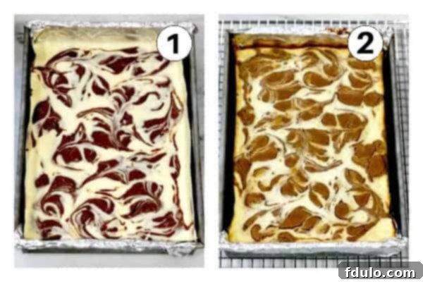 Chocolate batter swirled into cheesecake batter before baking in photo number 2, then next to it is a photo of the brownies after they're baked.