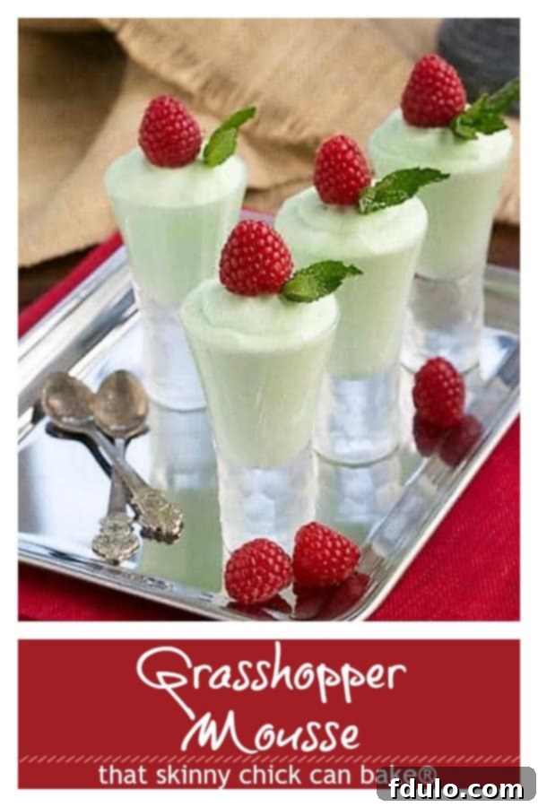 A collage of Grasshopper Mousse photos, including shots in shooter glasses and on a silver platter, with text overlay for Pinterest sharing promoting the recipe.