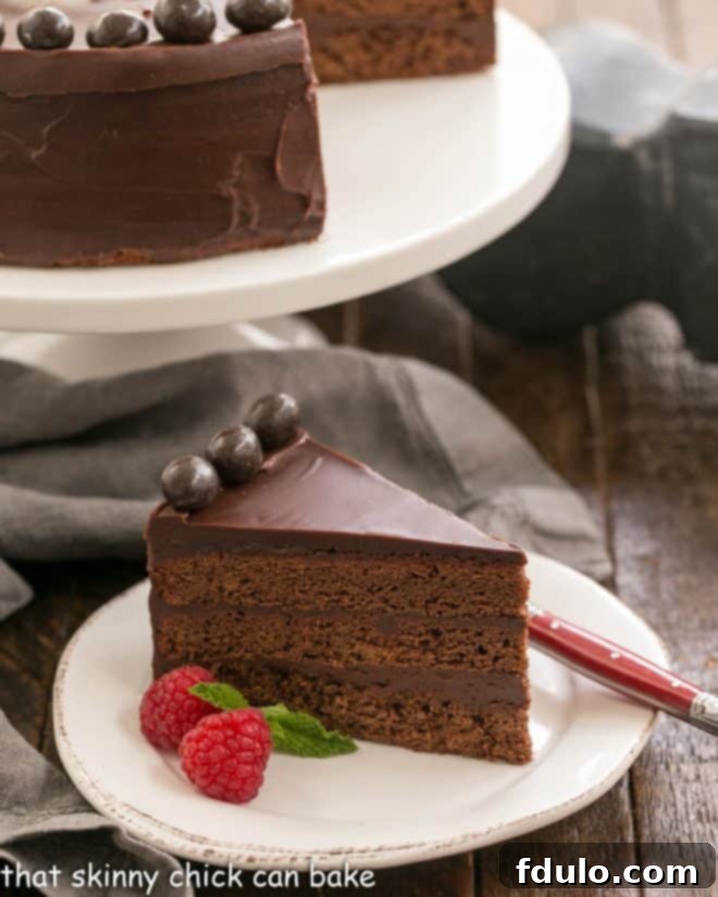 A perfect slice of Mocha Brownie Cake sits in the foreground on a white plate, elegantly showcasing its distinct layers of rich cake and luscious ganache. In the background, the rest of the beautifully frosted cake rests on a white pedestal, inviting further indulgence.