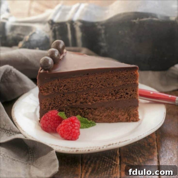 A slice of chocolate brownie cake on a white dessert plate garnished with 2 fresh raspberries