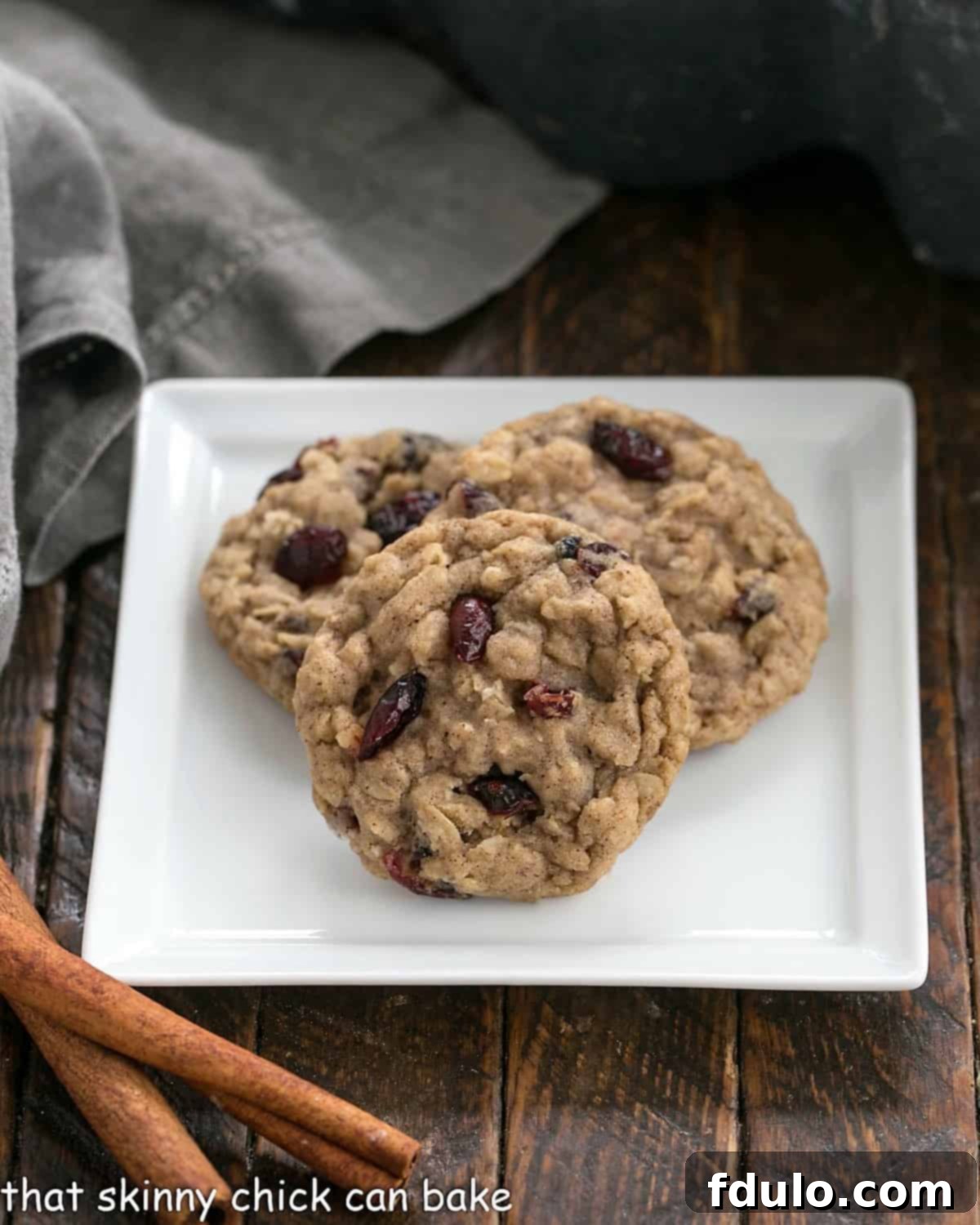 Oatmeal Craisin Cookies - incredibly delicious chewy oat cookies chock full of dried cranberries Three perfectly baked Oatmeal Craisin Cookies arranged on a crisp white square plate, accompanied by two fragrant cinnamon sticks, highlighting their golden-brown edges and chewy texture.