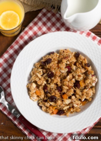 Chunky Maple Coconut Granola - a versatile, homemade breakfast treat! An overhead shot of Chunky Maple Coconut Granola artfully arranged in a white bowl, set against a charming red and white checkered napkin, highlighting its rich texture and ingredients.