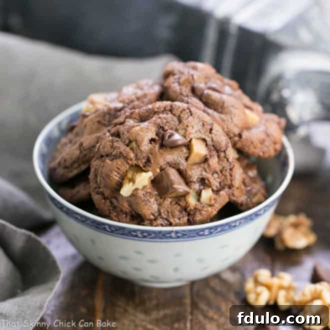 With toffee chunks and walnuts, these chocolate cookies are fabulous!