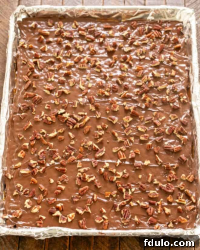 Add chocolate chips, spread when melted, then sprinkle with chopped pecans.