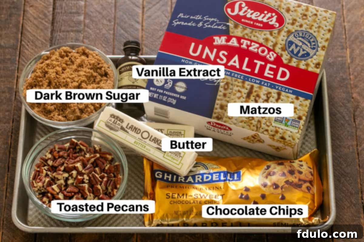 Matzo Crack Ingredients laid out with labels: matzo, butter, dark brown sugar, semi-sweet chocolate chips, and chopped pecans.