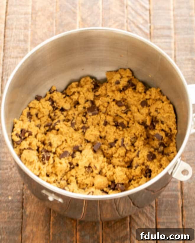 Colossal Chocolate Chip Cookies 8 Chocolate mixed into cookie dough, ready for chilling.