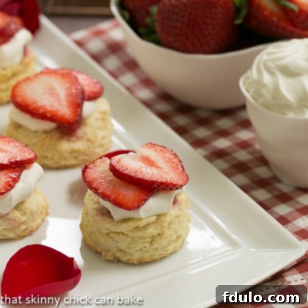 Double Strawberry Rose Shortcakes on a white ceramic tray garnished with rose petals