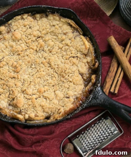 Grilled Apple Crisp - A classic dessert with smoky undertones from the BBQ Grilled Apple Crisp in a cast iron pan