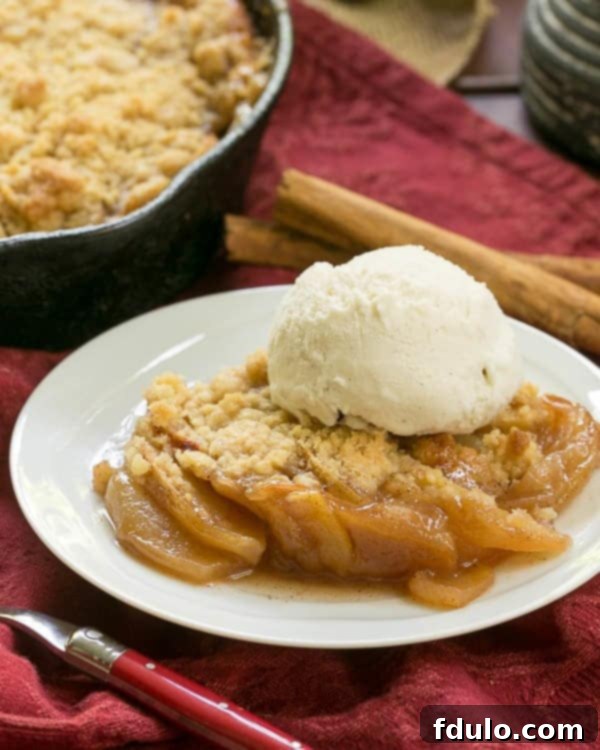 Grilled Apple Crisp - A marvelous summer dessert with a subtle smoky nuance! Grilled Apple Crisp on a white dessert plate topped with a scoop of ice cream and in front of a cast-iron skillet of apple crisp.