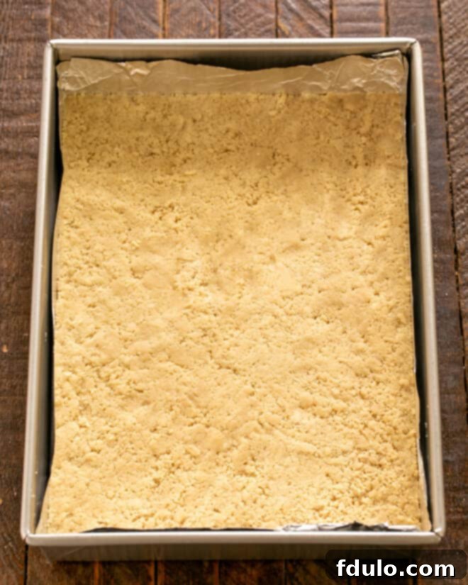 Brownie crust mixture pressed into the bottom of a pan.