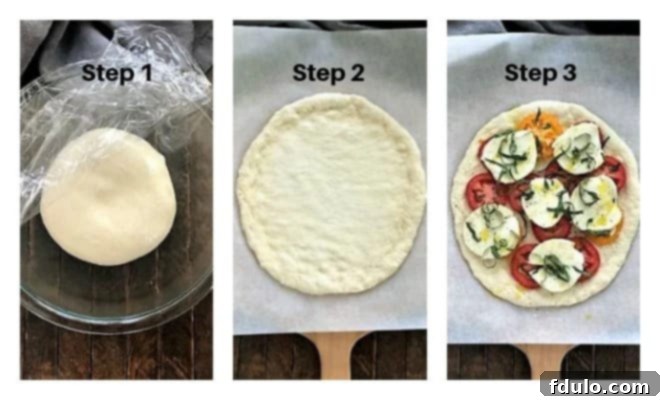 Three process shots showing pizza dough being shaped, toppings being added, and the finished pizza being removed from the oven.