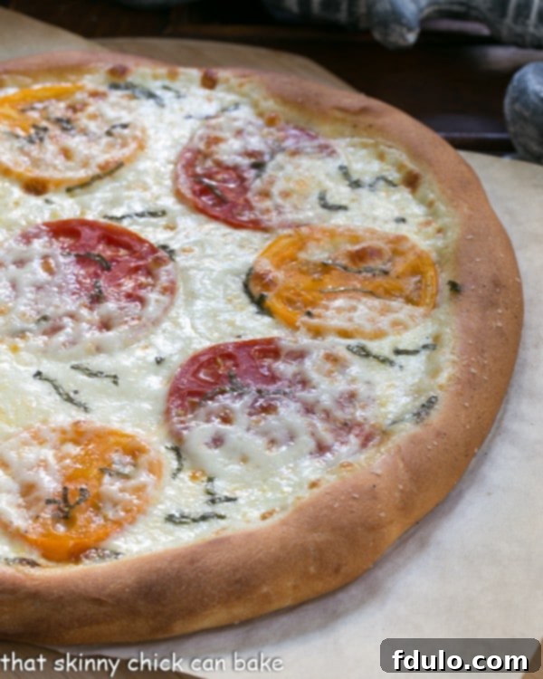 A glorious Pizza Margherita fresh out of the oven, resting on a sheet of parchment paper, showcasing its bubbly cheese and golden crust.