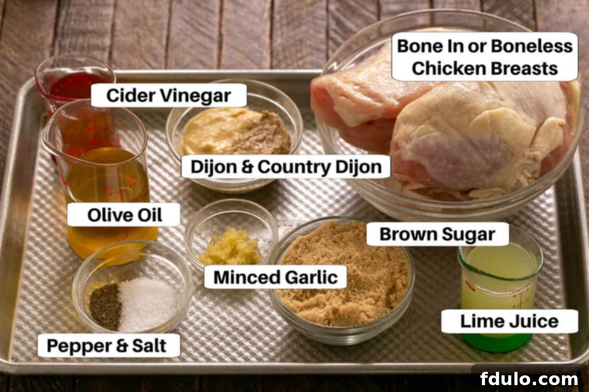 Chicken Marinade Ingredients on a sheet pan with labels.