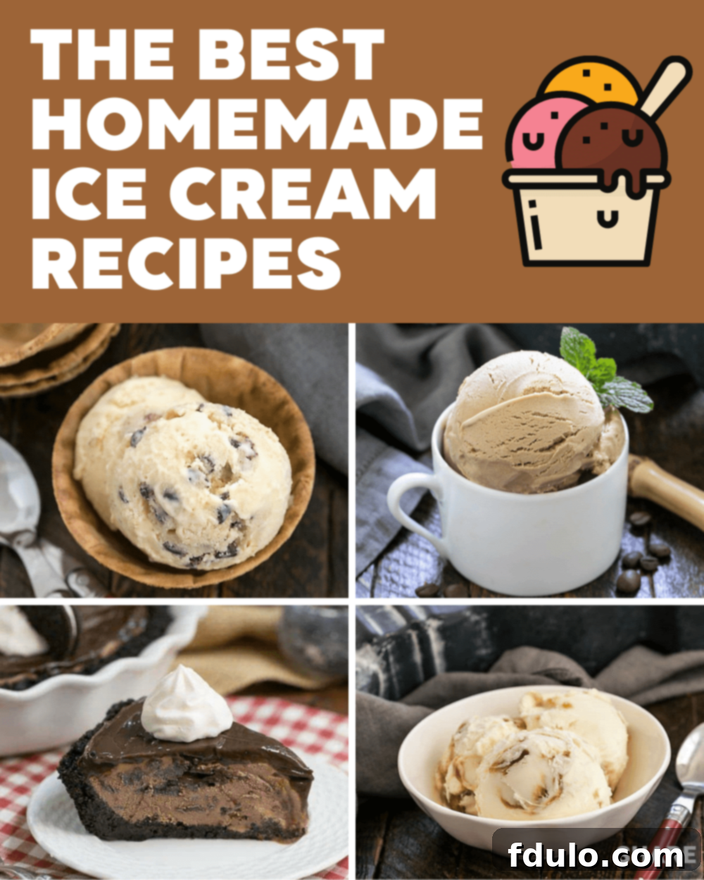 Collection of homemade ice cream flavors, including cake batter, cookie dough, coffee, and vanilla caramel swirl, inviting you to beat the heat with delicious frozen treats.