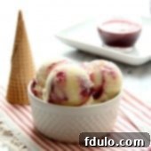Creamy vanilla ice cream with delicious swirls of fresh blackberry puree.