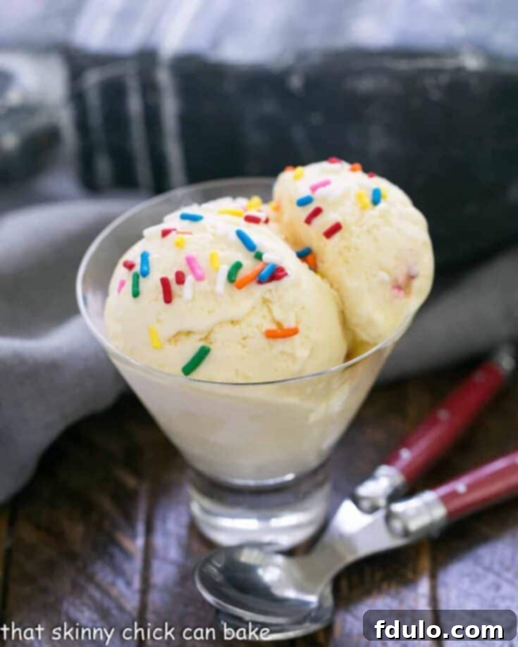 Creamy cake batter ice cream with colorful sprinkles, reminiscent of childhood kitchen memories.