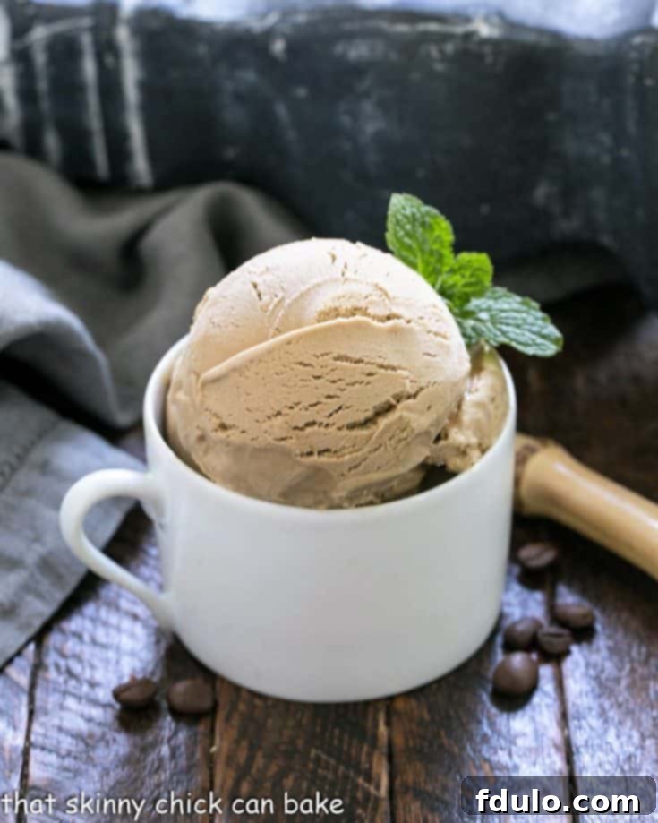 Rich and dark coffee ice cream in a scoop, perfect for coffee lovers.