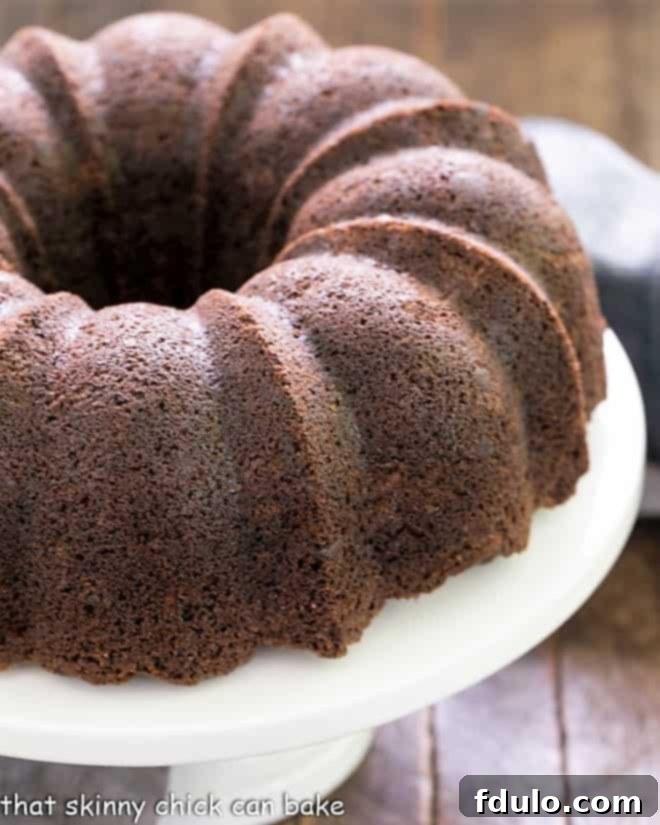 Chocolate Zucchini Bundt Cake - the addition of grated zucchini makes for a moist, delectable chocolate cake! Decadent Chocolate Zucchini Bundt Cake on a pristine white cake plate, perfectly baked and ready to serve.