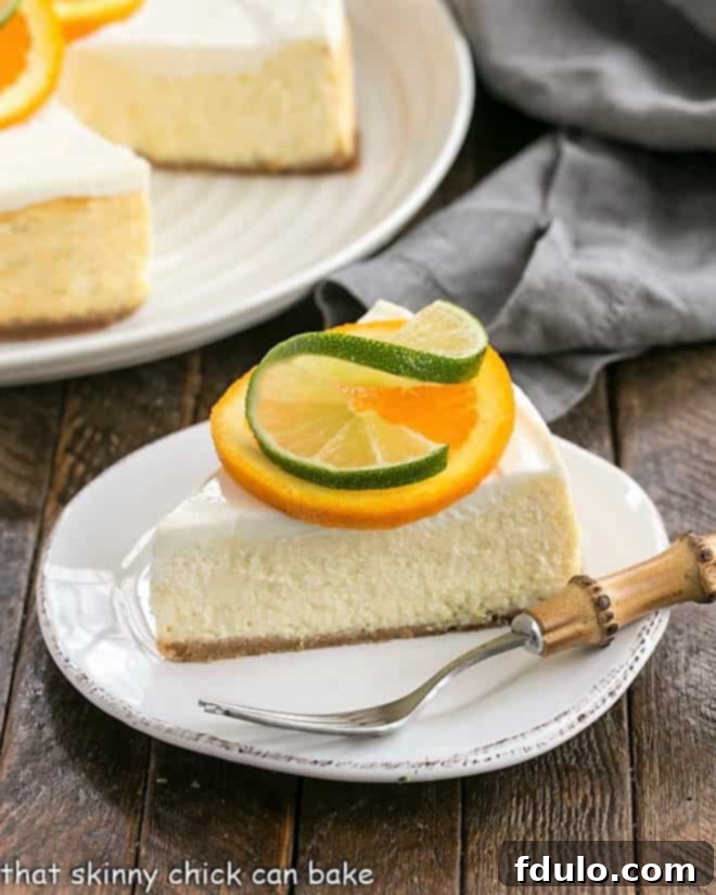Margarita Cheesecake - An exquisite citrus cheesecake with the flavors of a margarita! A perfectly sliced Margarita Cheesecake on a white dessert plate, beautifully garnished with fresh orange and lime slices, inviting a taste.