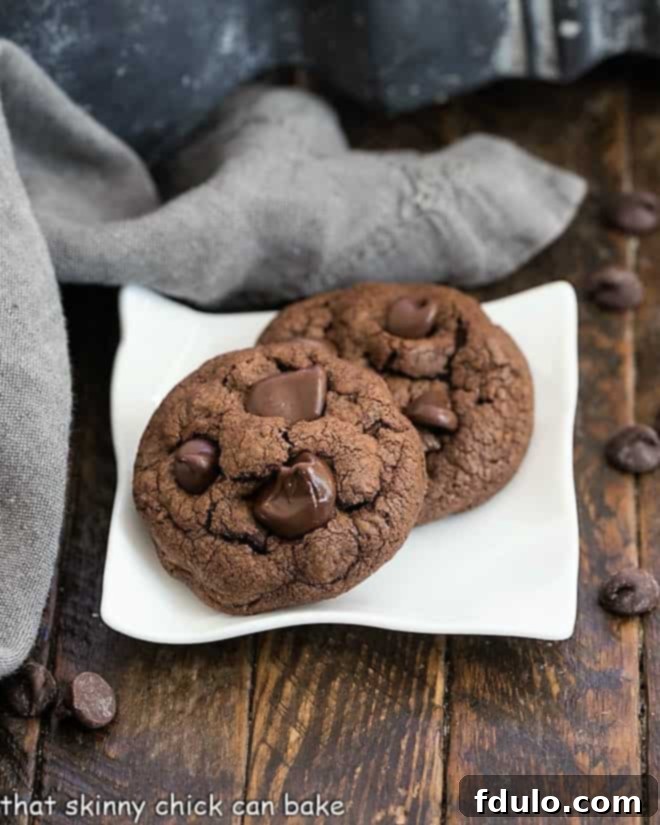 Double Chocolate Chunk Cookies - Experience chocolate nirvana in every single bite! These soft, chewy cookies, generously packed with chocolate chunks or chips, boast the ideal amount of chocolate to satisfy every palate. They're utterly irresistible!! Two exquisite Double Chocolate Chunk Cookies gracefully placed on a square white plate, highlighting their perfectly baked edges and tempting chocolate melt.
