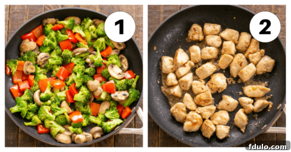 Two sequential process shots demonstrating the initial stages of preparing Chicken Broccoli Stir Fry, labeled 1 and 2.