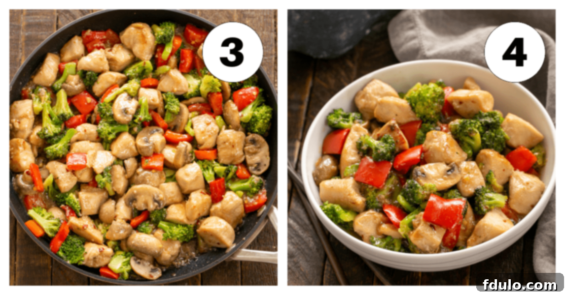 Two sequential process shots, labeled 3 and 4, showing the final stages of cooking Chicken Broccoli Stir Fry before serving.