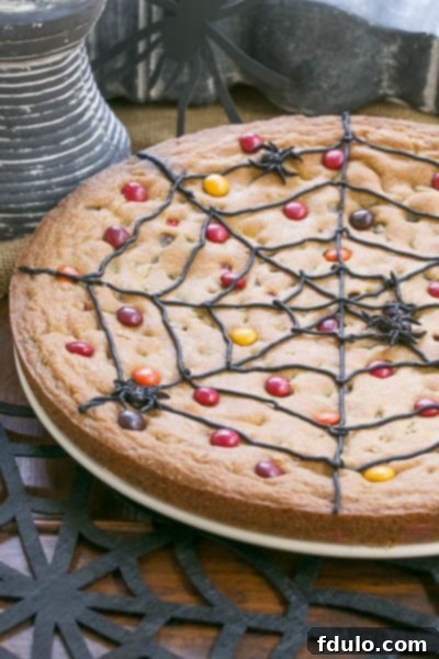 Close-up of a Spiderweb Cookie Cake on a white plate over a black felt spiderweb, showcasing the intricate design.