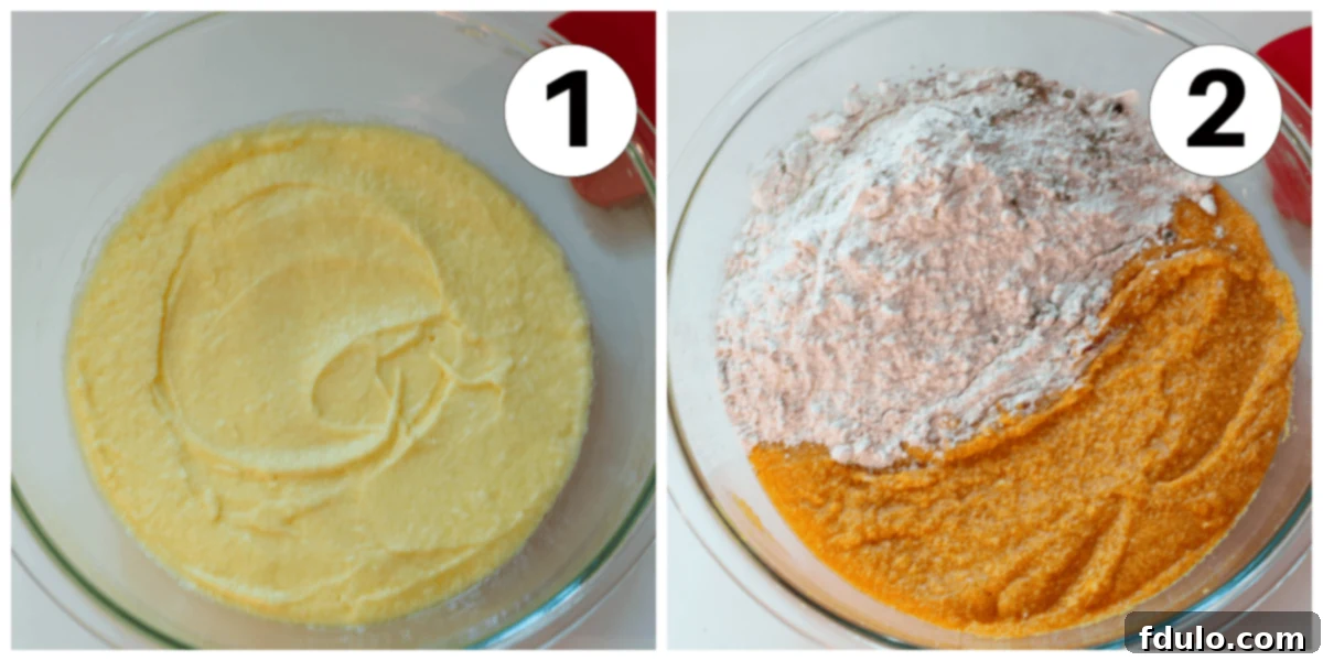 Spiced Pumpkin Bars with Cream Cheese Frosting 5 Numbered process shot of pumpkin bar batter with wet ingredients in one bowl and dry ingredients in another, ready to be combined.