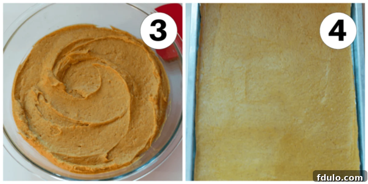 Spiced Pumpkin Bars with Cream Cheese Frosting 6 Pumpkin bars process shots showing batter in a bowl and then spread evenly in a jellyroll sheet pan.