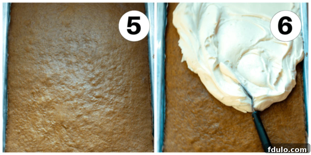 Spiced Pumpkin Bars with Cream Cheese Frosting 7 Process shots showing baked pumpkin bars cooling in the pan, and then frosting being spread over the cooled bars with an offset spatula.