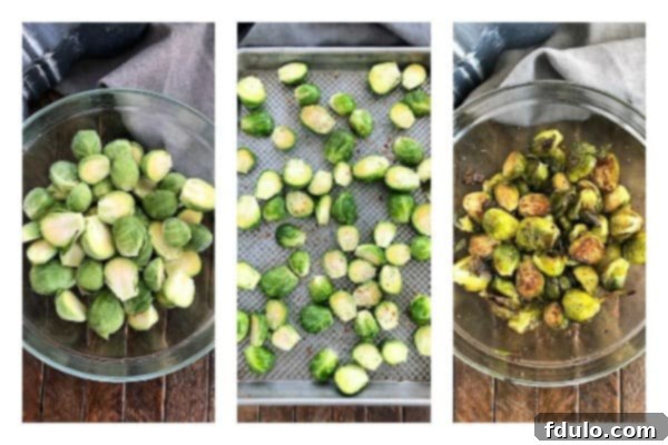 How to Roast Honey Balsamic Brussels sprouts in the oven in just a few steps How to Roast Brussels sprouts photos showing raw, seasoned, and roasted stages.