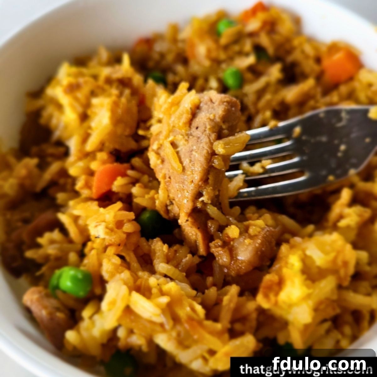 A fork lifts a succulent piece of Teriyaki pork from a bowl of fried rice, showcasing the deliciousness of the Blackstone Teriyaki Pork Fried Rice.