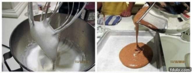 Process photos showing the steps for making a Yule Log: 1) preparing the cake batter, and 2) pouring it into a rimmed baking sheet.