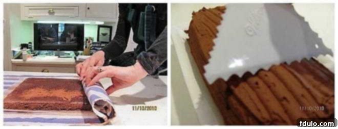 Process photos showing the steps for assembling a Yule Log: 3) rolling the warm cake in a towel, and 4) unrolling, filling with mousse, re-rolling, and frosting.