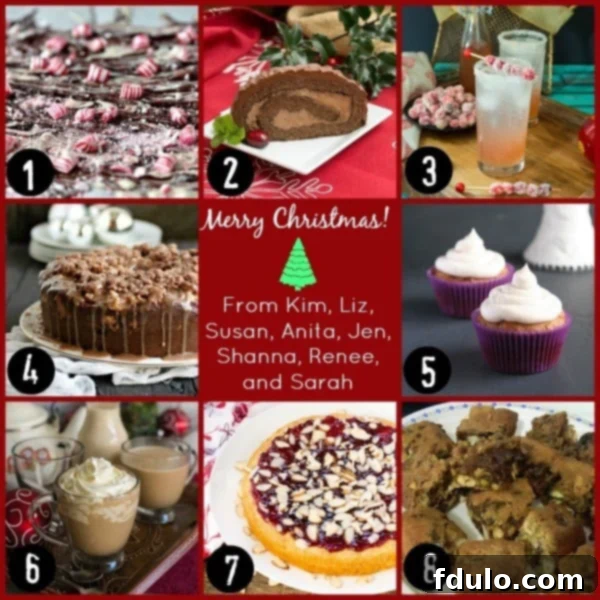 A festive collage of various Christmas desserts perfect for a holiday party, showcasing a spread of sweet treats including cakes, cookies, and other confections.