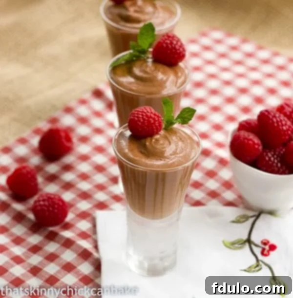Decadent Grand Marnier Chocolate Mousse 3 Individual servings of Chocolate Mousse with Grand Marnier, elegantly garnished with fresh raspberries and a sprig of mint.