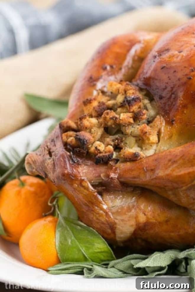 Close-up of Dry Brined Turkey on a white platter garnished with fresh herbs and orange slices.