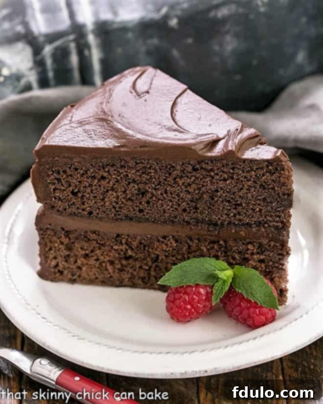 A delectable slice of Devil's Food Cake elegantly presented on a white plate, garnished with fresh berries and a sprig of mint, highlighting its moist texture and rich chocolate hue.