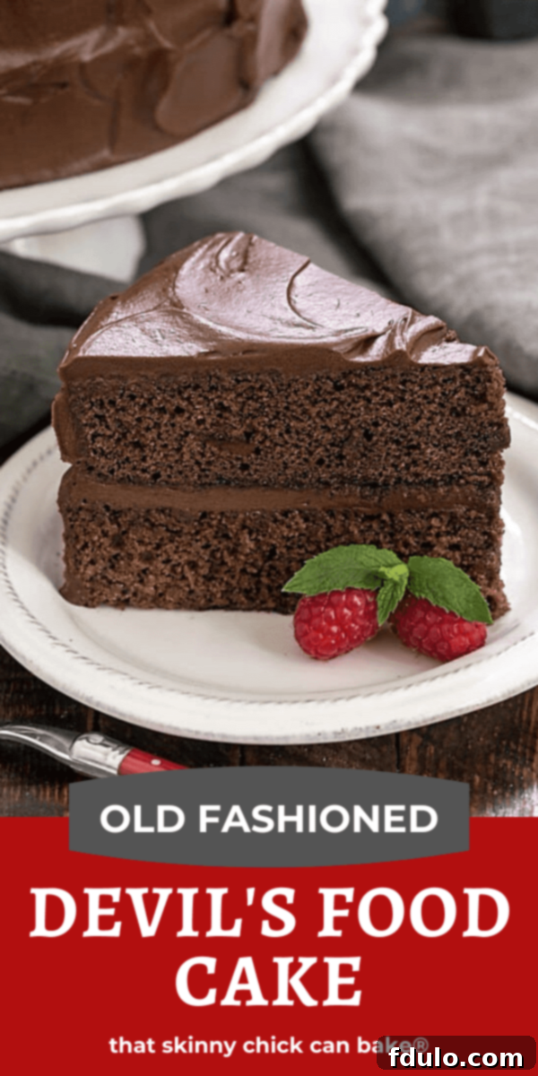 A visual collage showcasing the rich, dark Devil's Food Cake, featuring a full cake, a decadent slice, and close-ups of its moist texture and chocolate buttercream.
